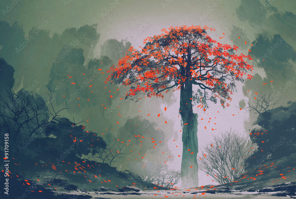 Obraz premium lonely red autumn tree with falling leaves in winter forest,landscape painting