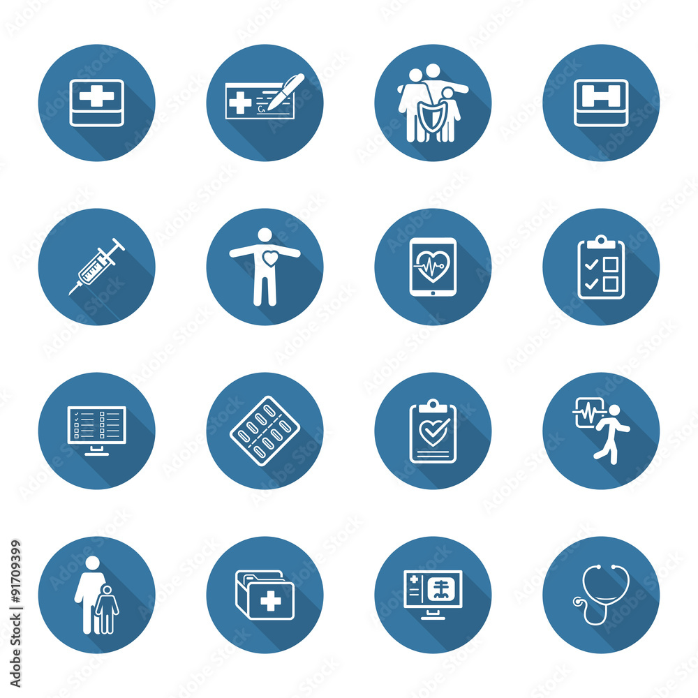 Medical and Health Care Icons Set. Flat Design. Long Shadow.