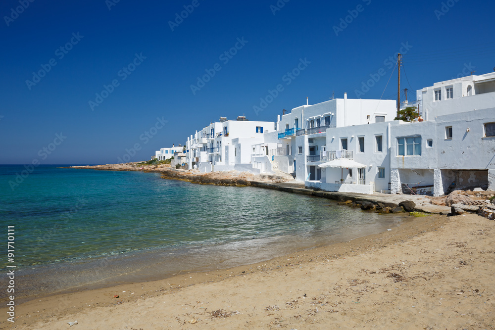 Beach in Naousa village on Paros island, Greece.