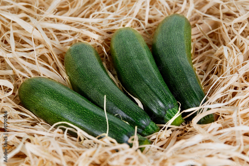 Freshly picked Green zucchin on straw. background, texture - obrazy, fototapety, plakaty 