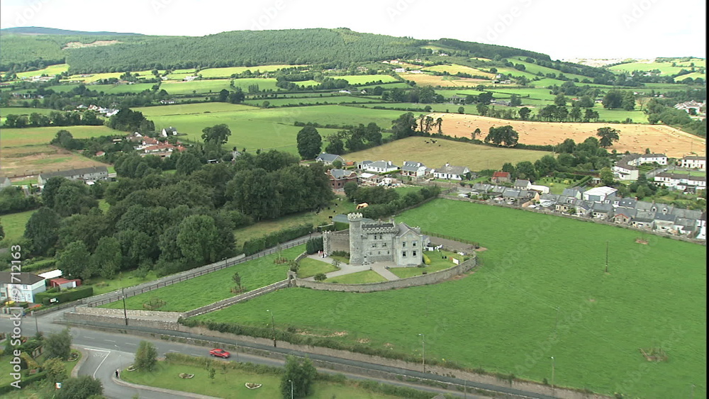 Aerial of castle ruins in Ireland Aerial of castle ruins in Ireland