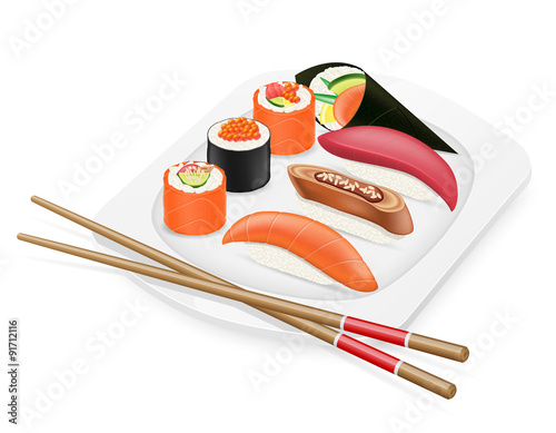 diverse set of sushi with chopsticks on a plate vector illustrat