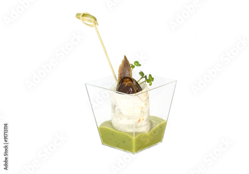 mini canape with meat and vegetables on a white background seafood