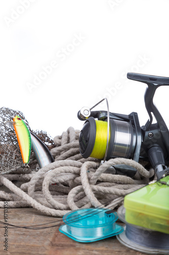 fishing tackles on board and cord