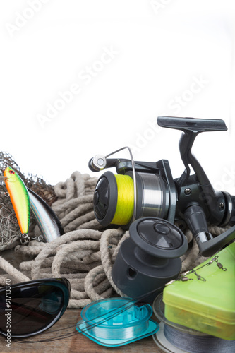 fishing tackles on board and cord