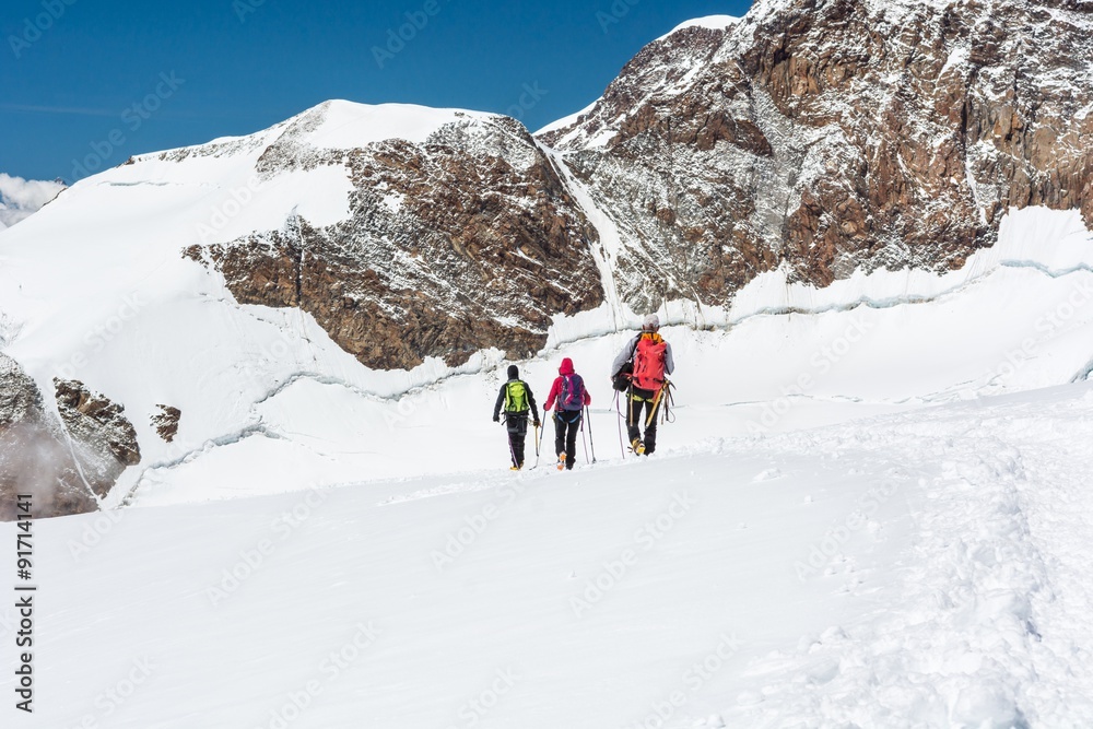 Group of climbers walking on a glacier.