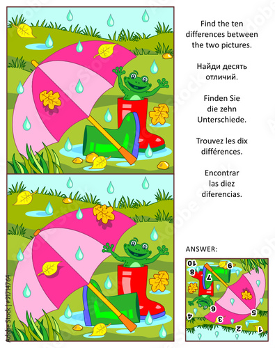 Visual puzzle: Find the ten differences between the two pictures with umbrella, gumboots and happy frog outdoor at rainy autumn day. Answer included.
