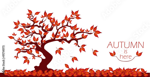 Red autumn tree with words AUTUMN IS HERE. Breech tree with falling leaves.