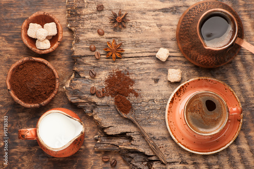 Composition espresso coffee with sugar and milk. Top view, horizontal © Rozmarina