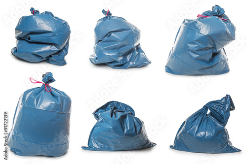 Collection of Blue Rubbish Bags on white