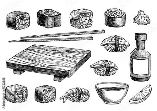 Vector hand drawn sushi set.