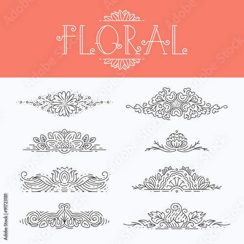 Thin mono line floral decorative design elements