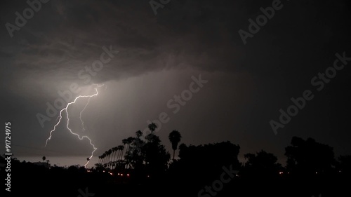 Lightning strikes during a thunderstorm.