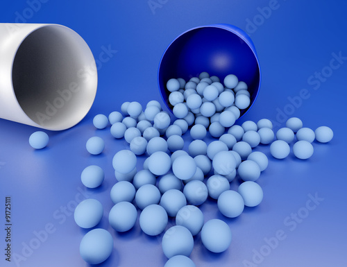 Fototapeta Naklejka Na Ścianę i Meble -  3D illustration of medical pill with small capsules on blue background