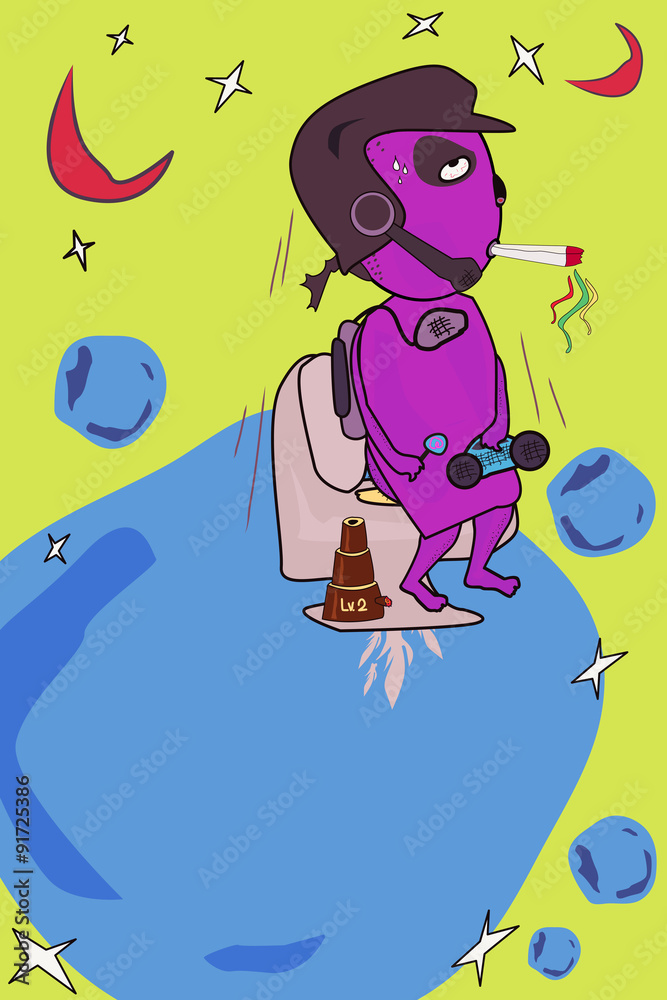 Naklejka premium Man smoking crazy hallucination in toilet fly out world