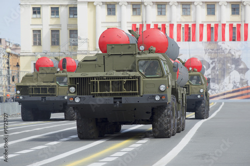 Три пусковых установок ЗРС С-300ПМ на марше. Репетиция парада в честь Дня Победы в Санкт-Петербурге photo