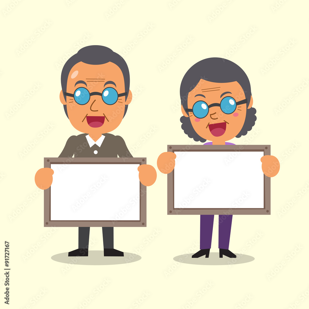 Cartoon old man and old woman holding board for presentation for design. Cartoon old man and old woman holding board for presentation for design.