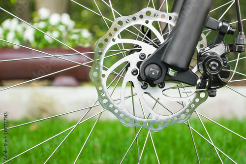 Metal disc brake detail on mountain bicycle