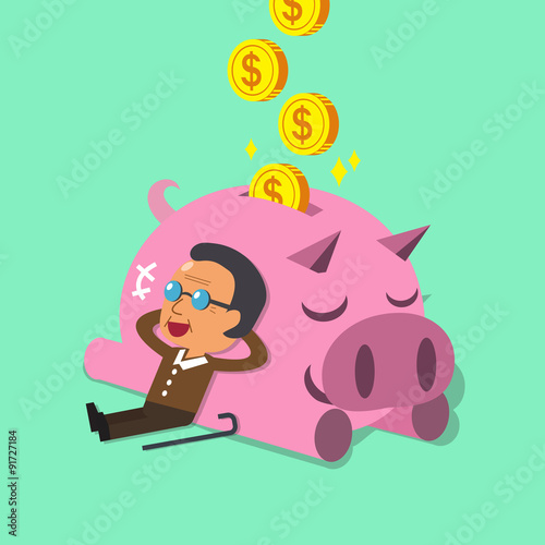 Cartoon old man falling asleep with pink piggy for design.