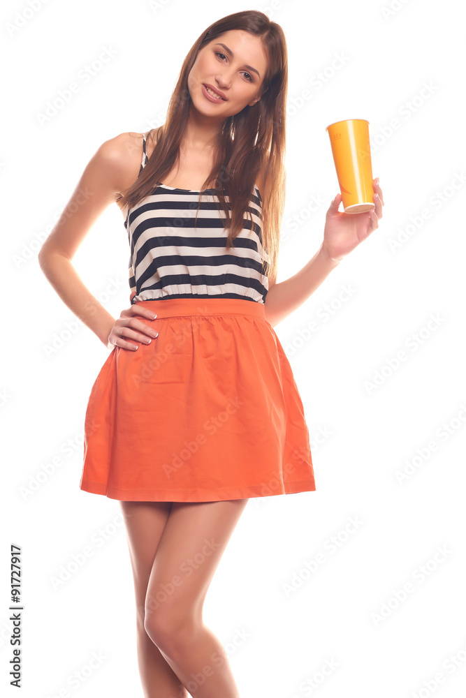 Cute woman isolated on white background holding a paper cup Cute woman isolated on white background holding a paper cup