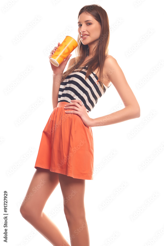 Obraz premium Cute woman isolated on white background holding a paper cup