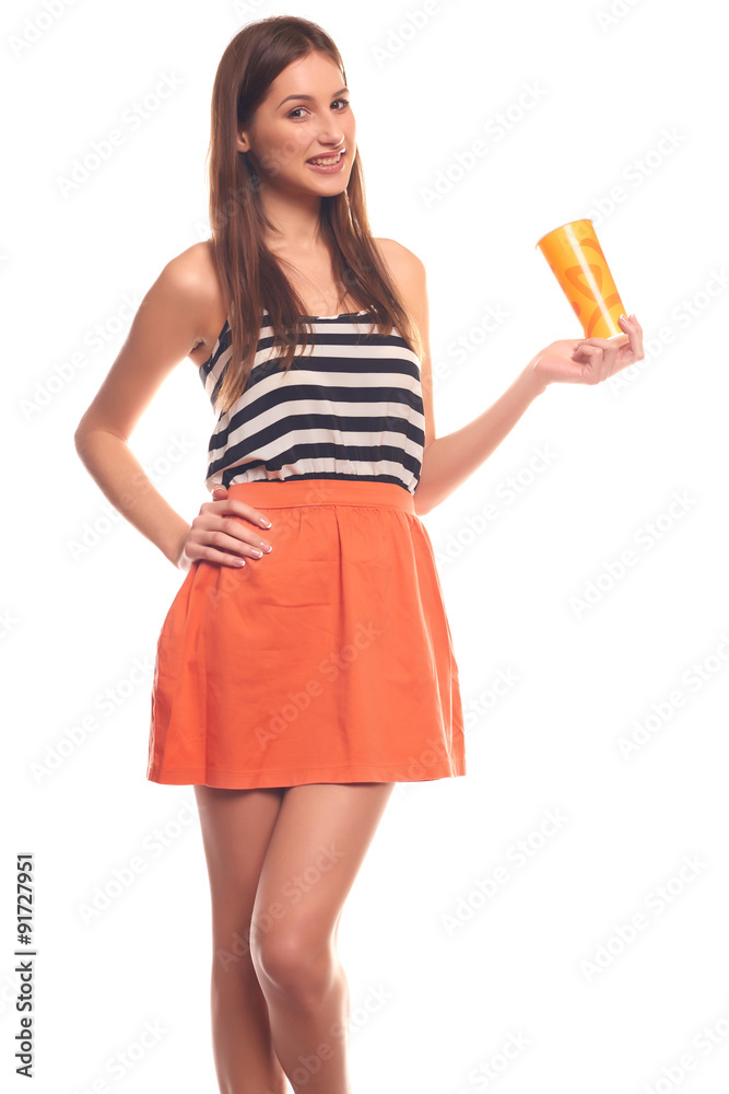 Cute woman isolated on white background holding a paper cup Cute woman isolated on white background holding a paper cup