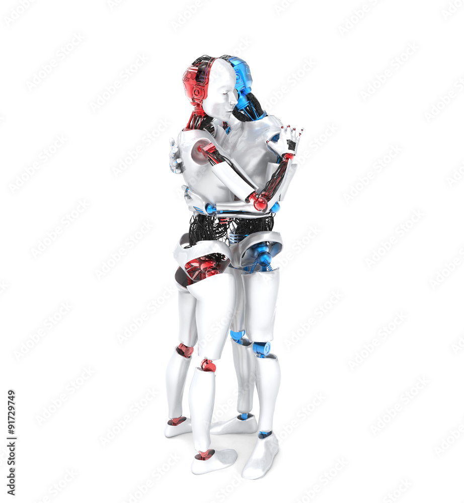 Two hugging robots, white background