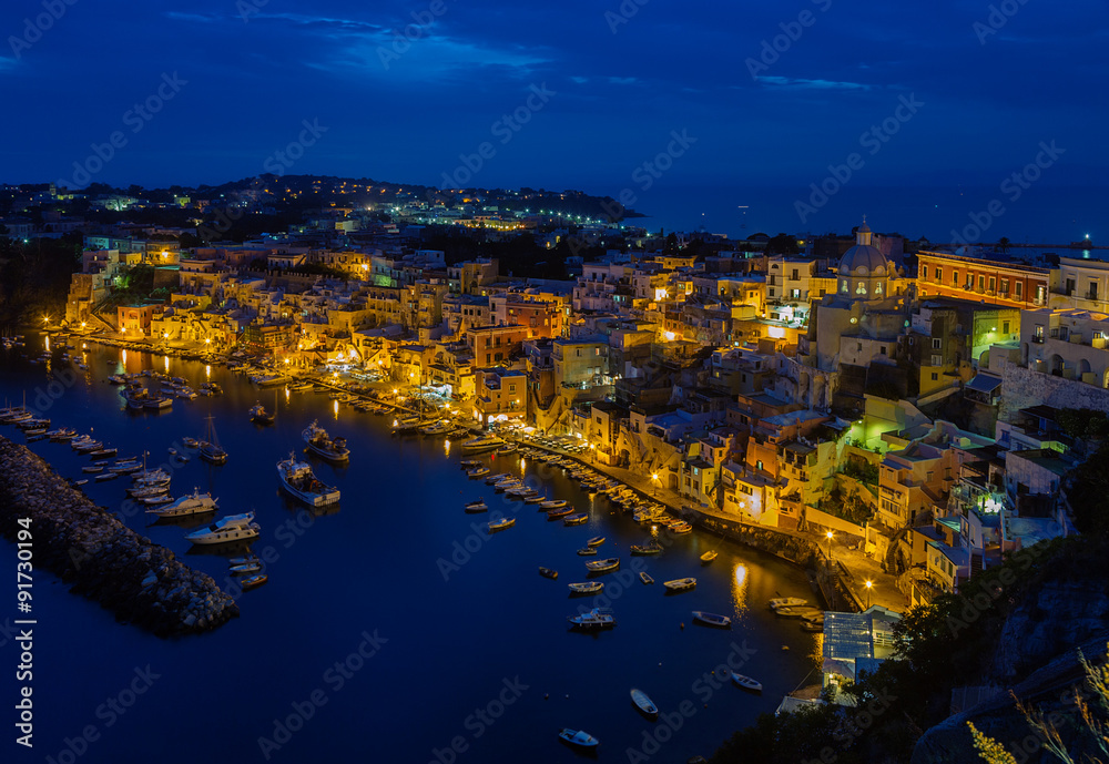 Aerial view at night of Corricella on the Italian island Procida.