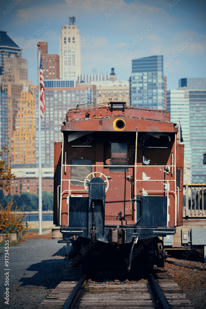 Train and downtown Manhattan in park.