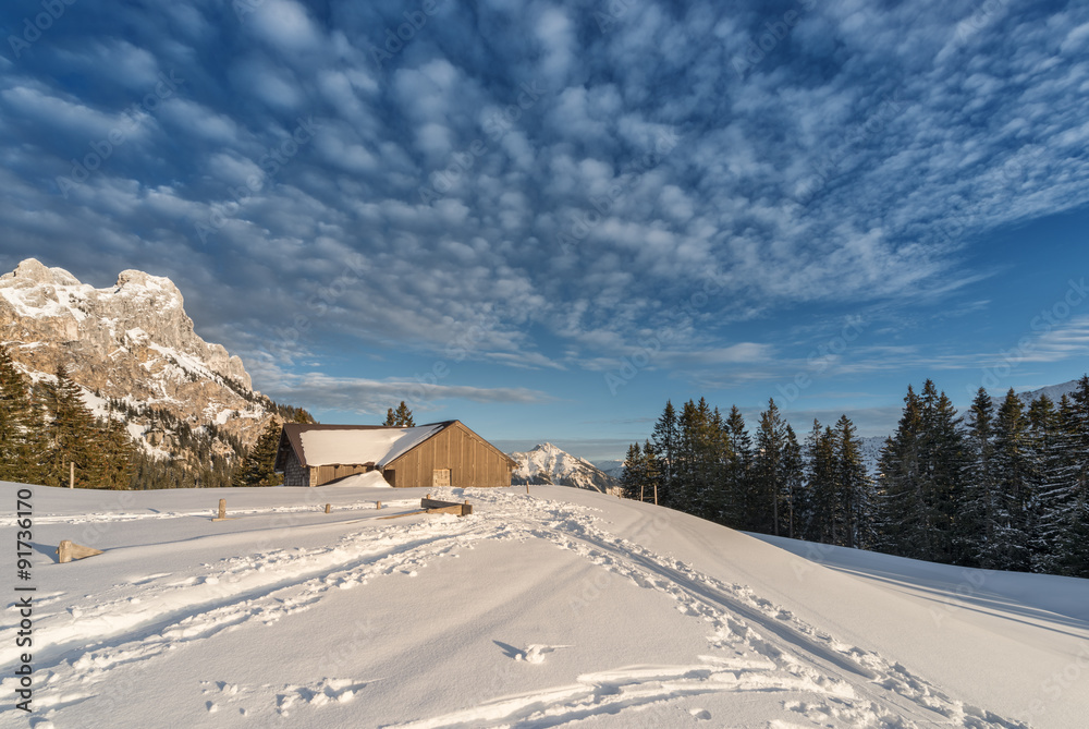 chalet with snow on austrian mountain at sunny winter day chalet with snow on austrian mountain at sunny winter day
