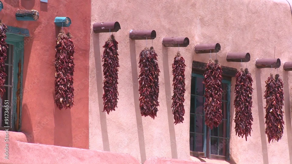 Chili peppers hang outside a New Mexico building.