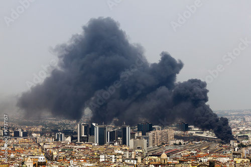 Fire in the downtown of Naples, Italy