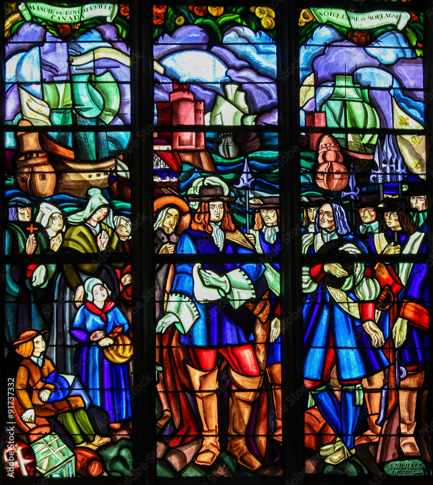 Stained Glass of the Departure of Pierre Boucher for Quebec