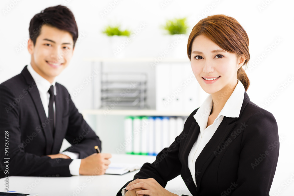 happy business man and woman working in office happy business man and woman working in office