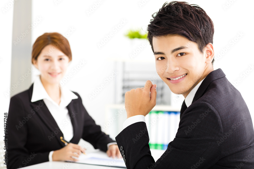 happy business man and woman working in office happy business man and woman working in office