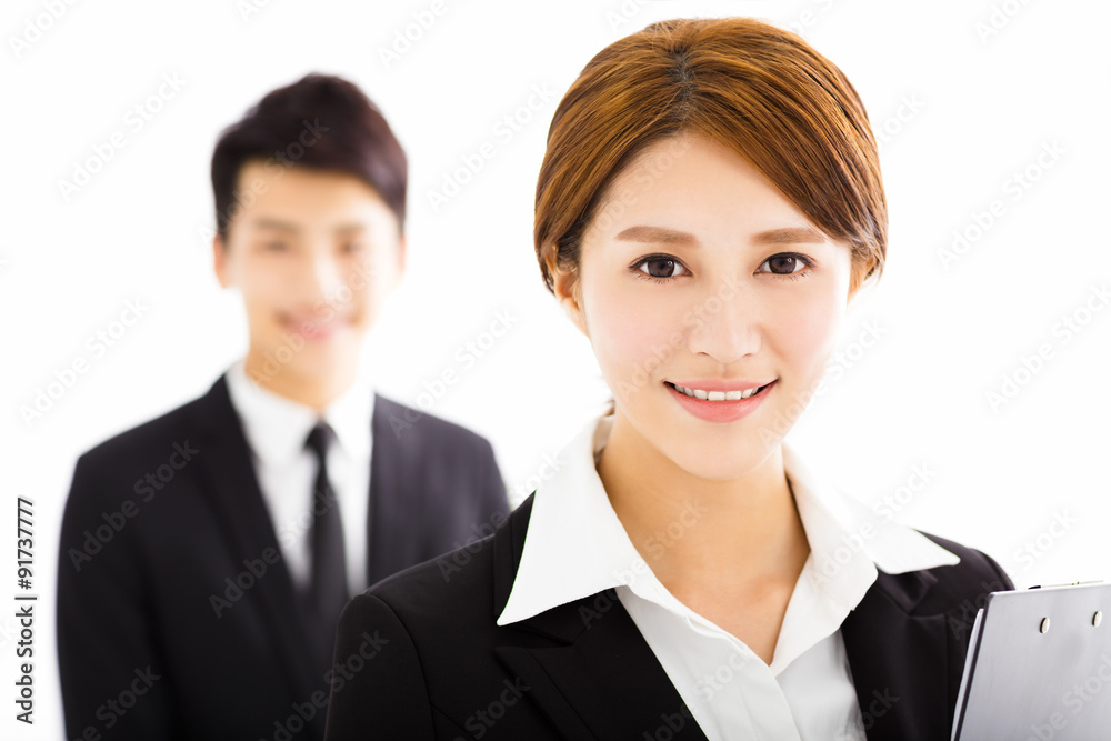 happy business man and woman standing in office happy business man and woman standing in office