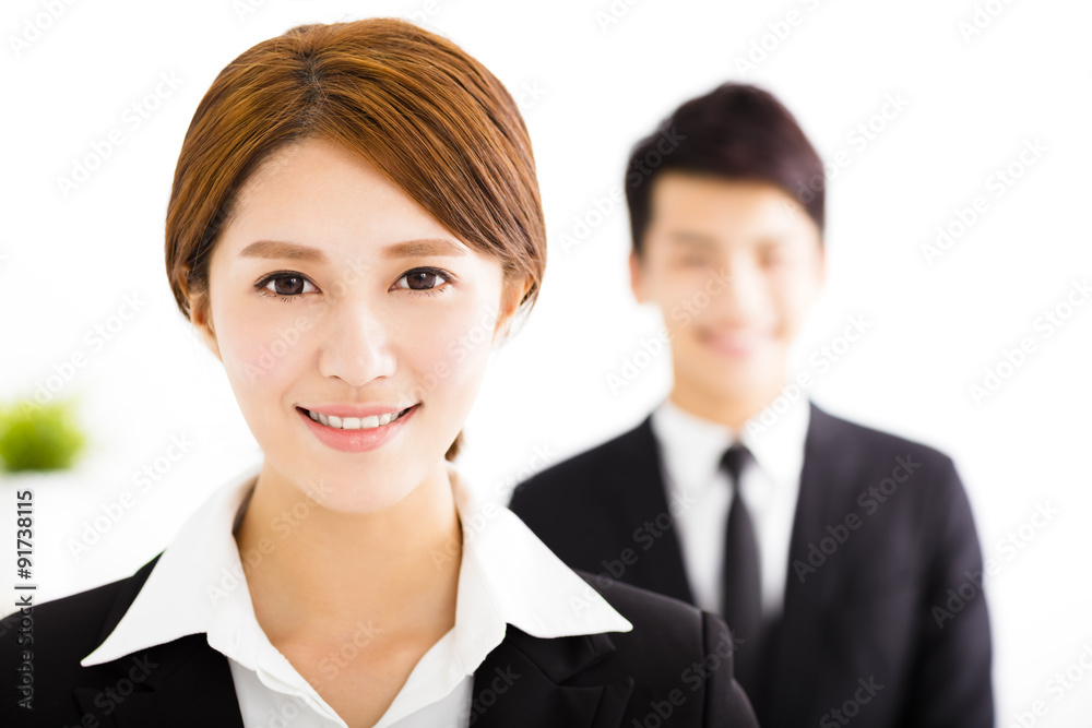 happy business man and woman standing in office happy business man and woman standing in office