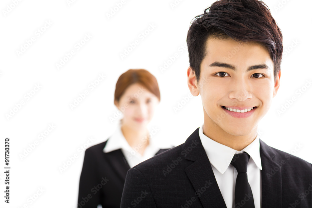 happy businessman and woman standing in office happy businessman and woman standing in office