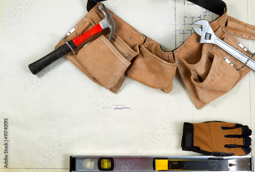 Photography Construction blue print drawing with basic contractor tools