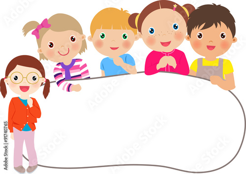 group of children with banner