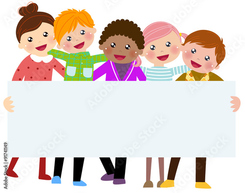 group of children with banner