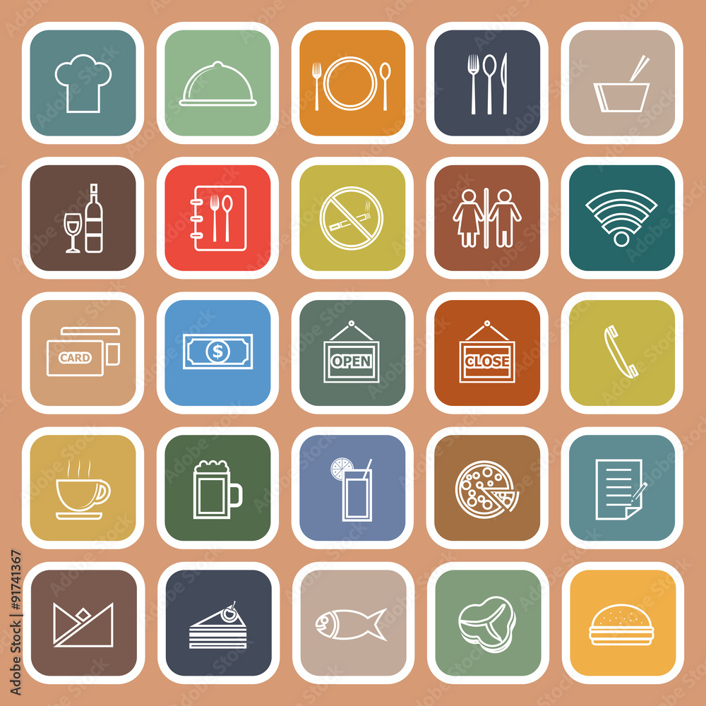Restaurant line flat icons on orange background Restaurant line flat icons on orange background
