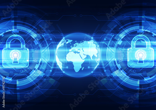 Abstract technology security on global network background, vector illustration