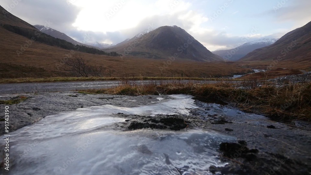 timelapse of water moving under ice in glen etive in scotland during winter timelapse of water moving under ice in glen etive in scotland during winter