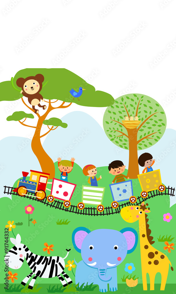 Happy kids on a colorful train with animal Happy kids on a colorful train with animal