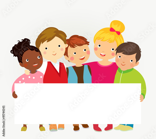 Group of happy kids holding banner