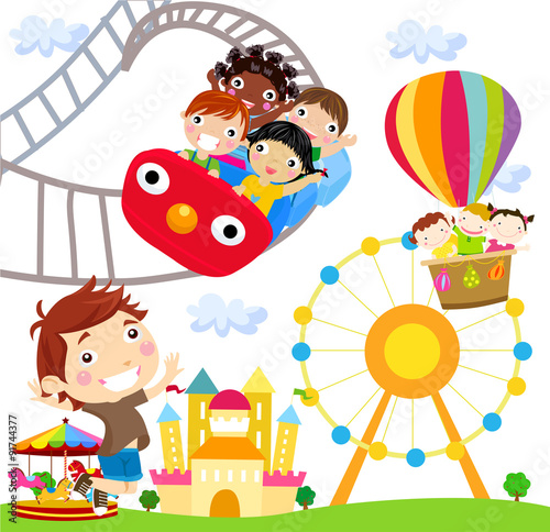 A vector illustration of people in an amusement park