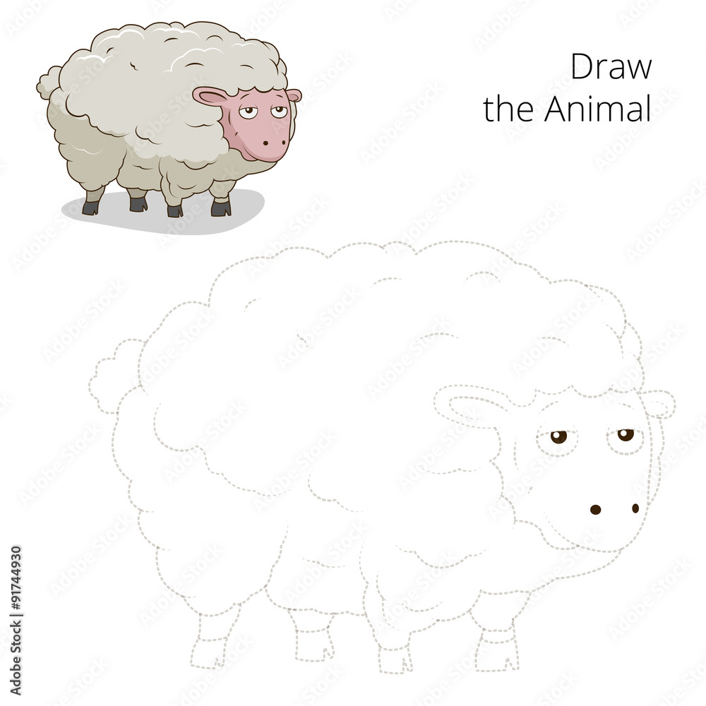Fototapeta premium Draw the animal sheep educational game vector illustration