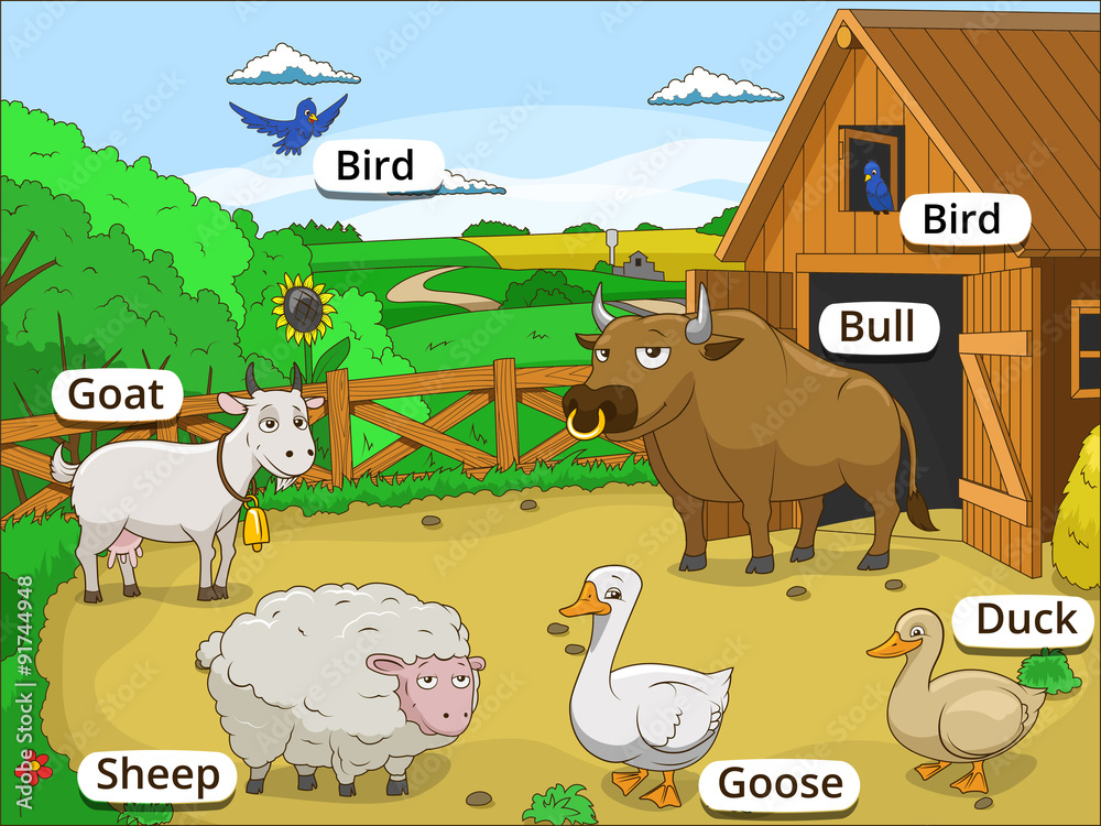 Farm animals with names cartoon educational illustration Stock Vector |  Adobe Stock