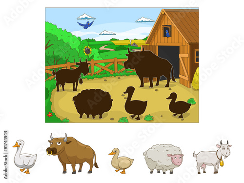 Match the animals to their shadows child game vector illustratio